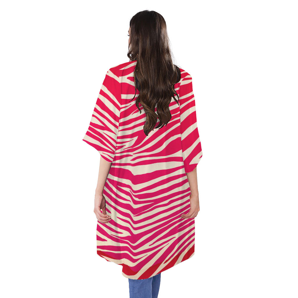 Hot Pink Zebra Pattern Print Open Front Beach Cover Up