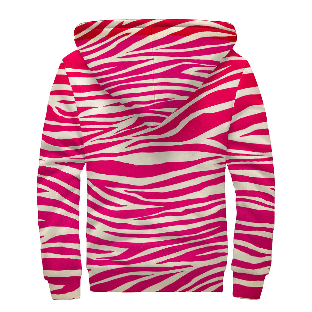 Hot Pink Zebra Pattern Print Sherpa Lined Zip Up Hoodie