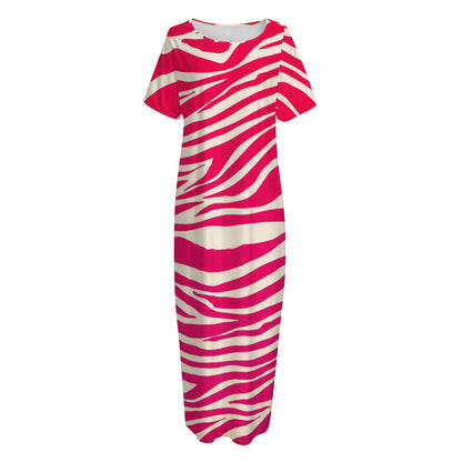 Hot Pink Zebra Pattern Print Short Sleeve Long Nightdress