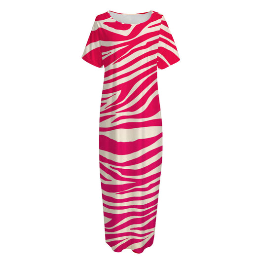 Hot Pink Zebra Pattern Print Short Sleeve Long Nightdress