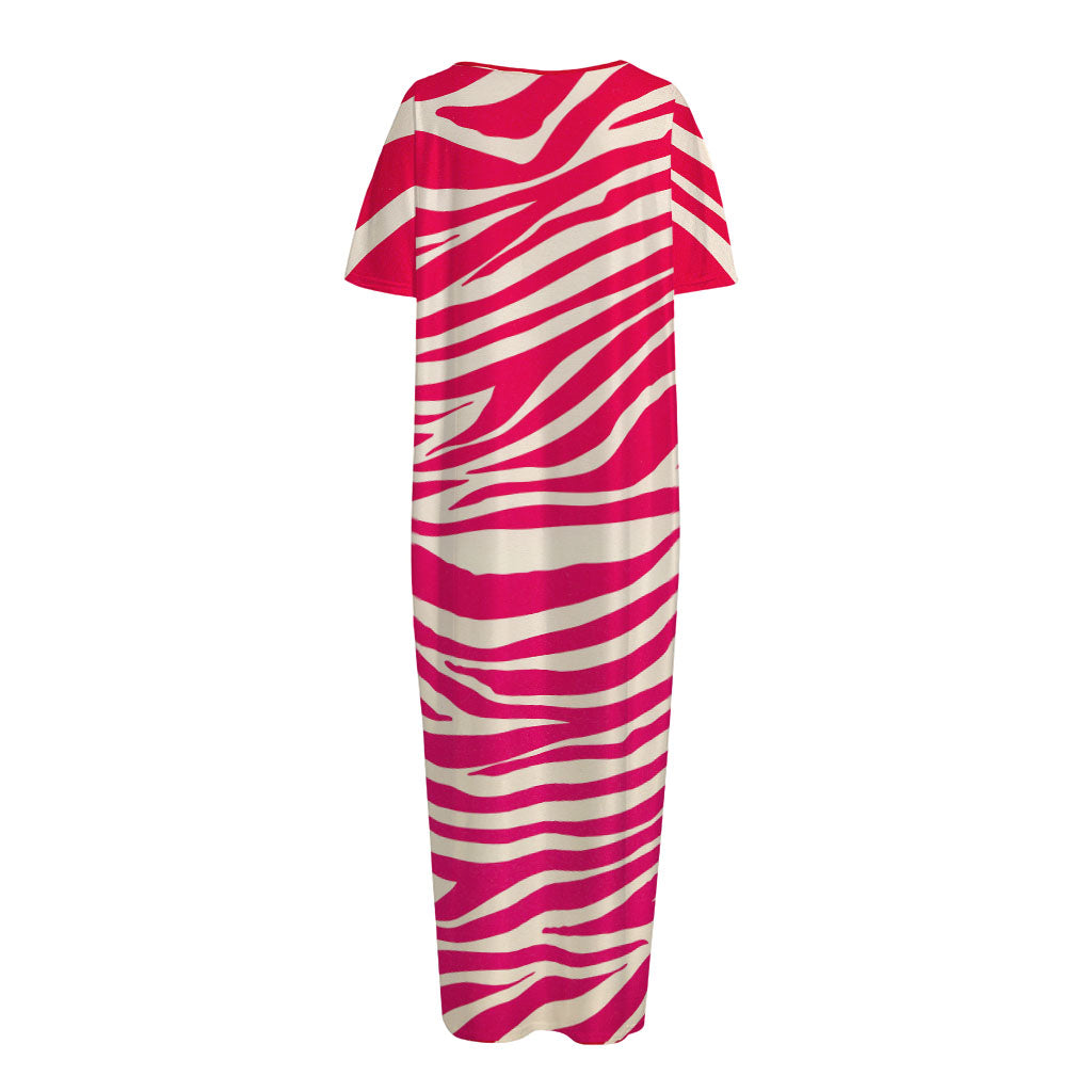 Hot Pink Zebra Pattern Print Short Sleeve Long Nightdress