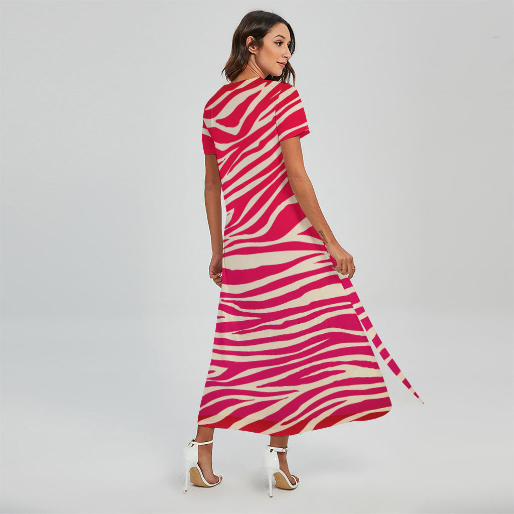 Hot Pink Zebra Pattern Print Short Sleeve Maxi Dress