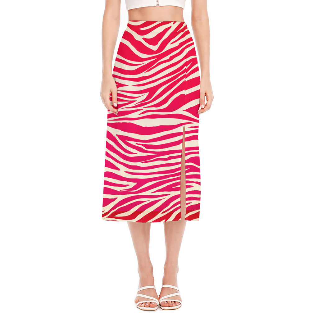 Hot Pink Zebra Pattern Print Side Slit Midi Skirt