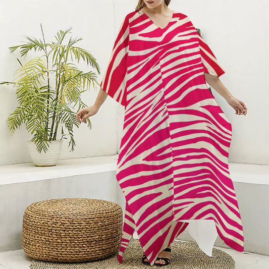 Hot Pink Zebra Pattern Print Silk V-Neck Kaftan Dress
