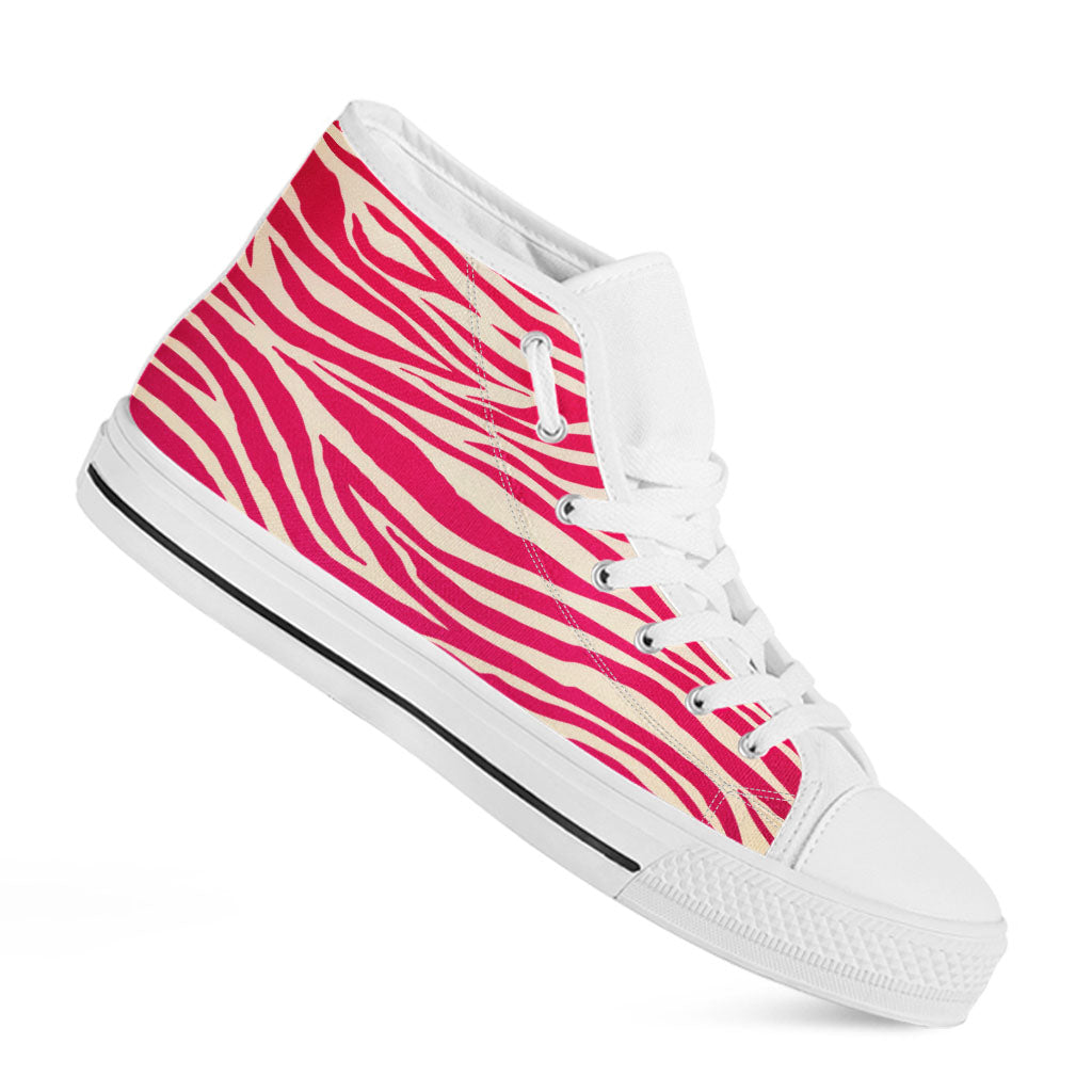 Hot Pink Zebra Pattern Print White High Top Sneakers