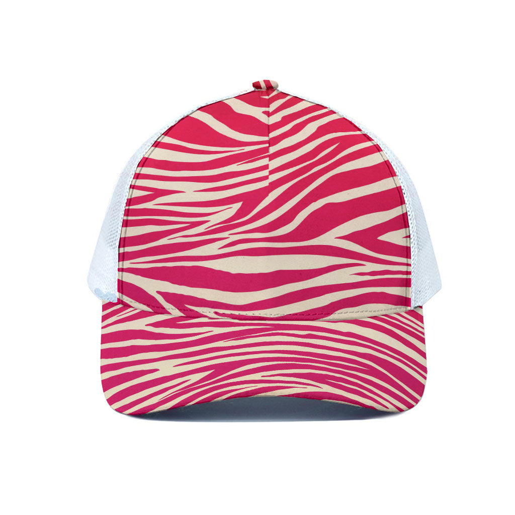 Hot Pink Zebra Pattern Print White Mesh Trucker Cap