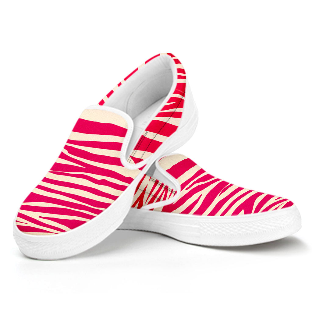 Hot Pink Zebra Pattern Print White Slip On Sneakers