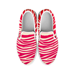 Hot Pink Zebra Pattern Print White Slip On Sneakers