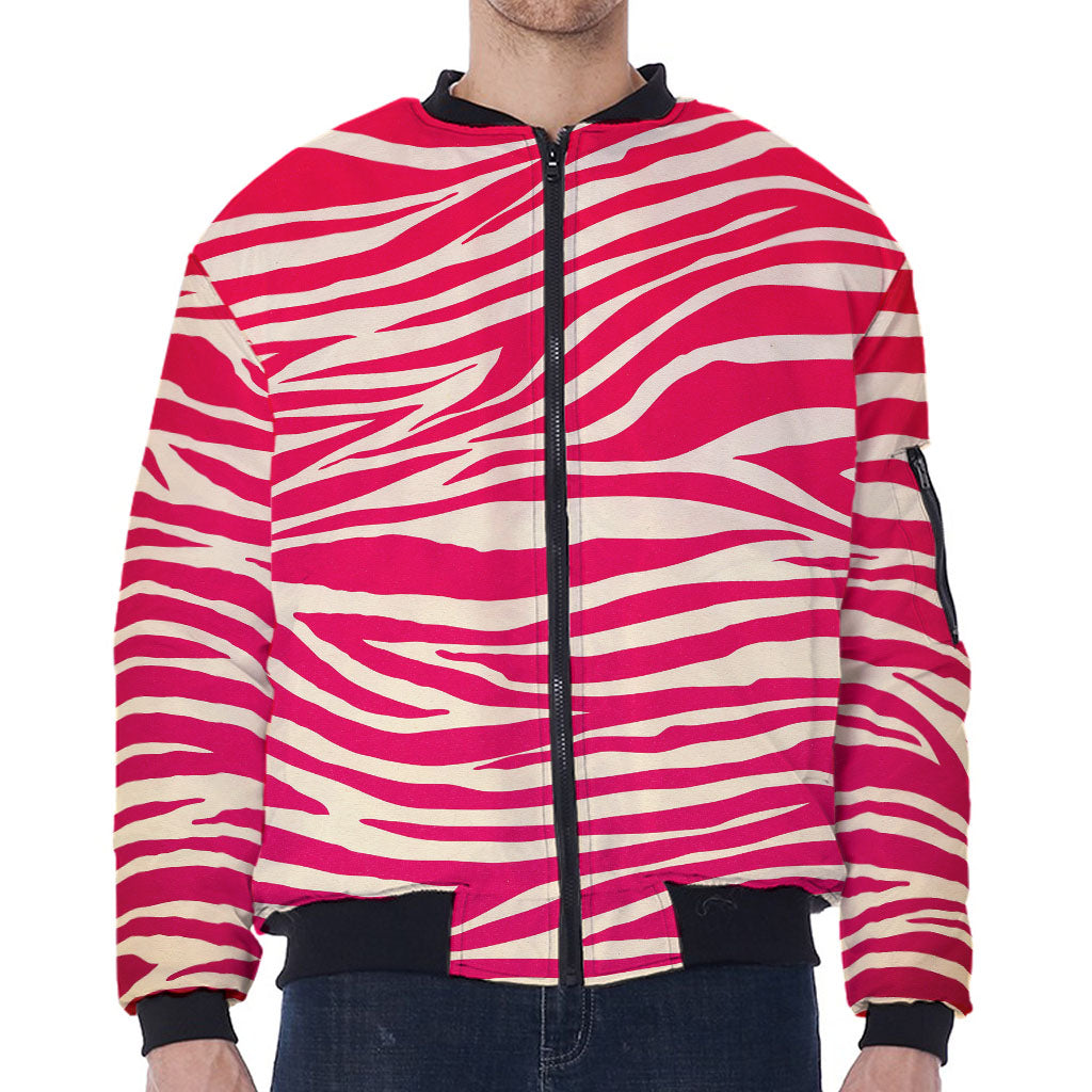 Hot Pink Zebra Pattern Print Zip Sleeve Bomber Jacket