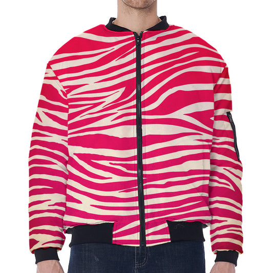 Hot Pink Zebra Pattern Print Zip Sleeve Bomber Jacket