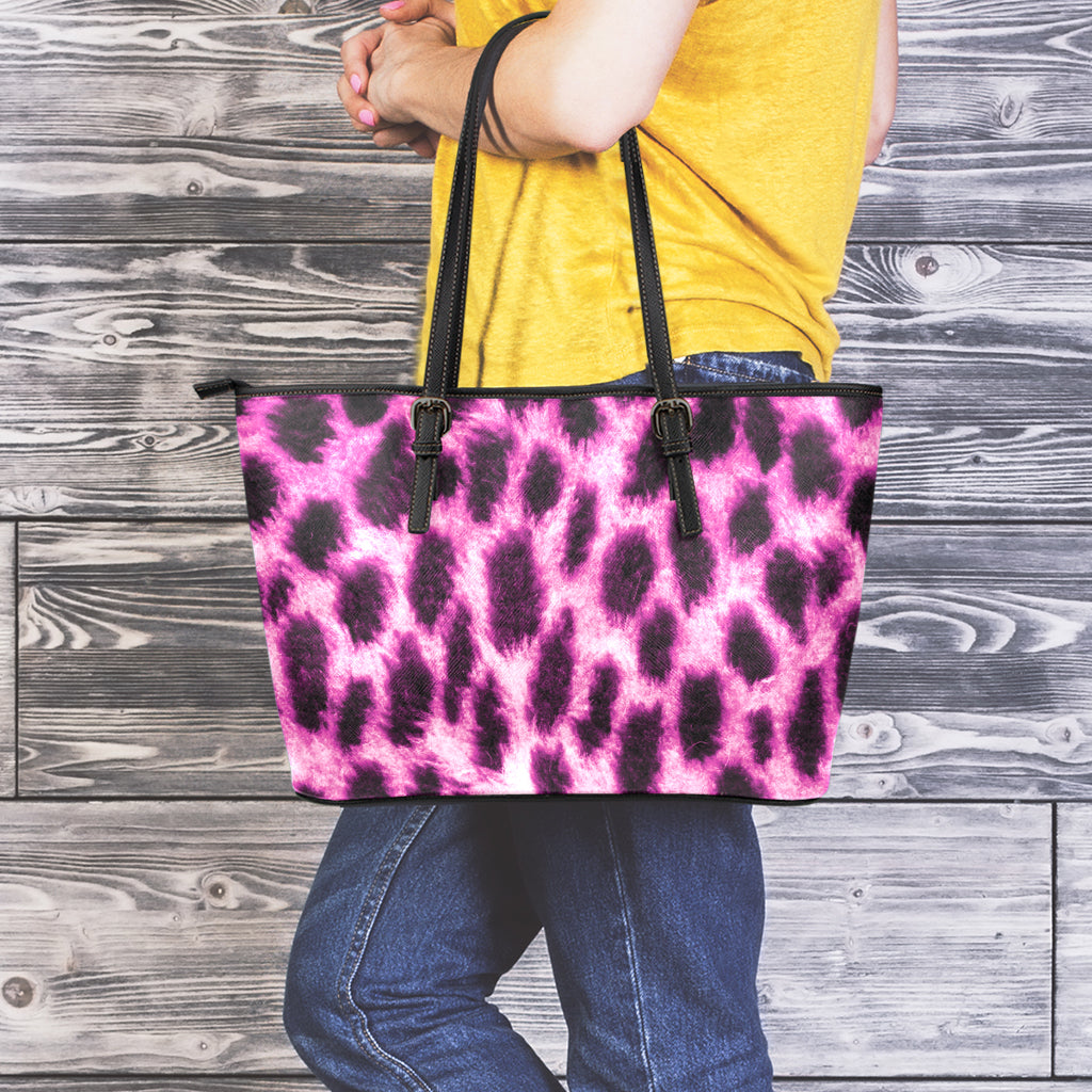 Hot Purple And Black Cheetah Print Leather Tote Bag