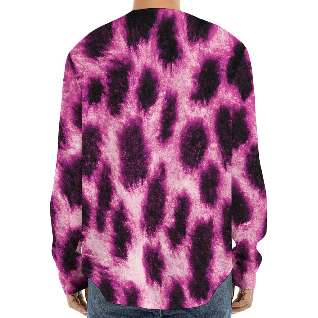 Hot Purple And Black Cheetah Print Long Sleeve Baseball Jersey