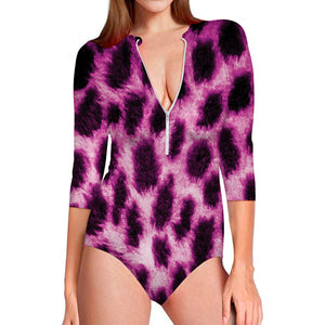 Hot Purple And Black Cheetah Print Long Sleeve Swimsuit