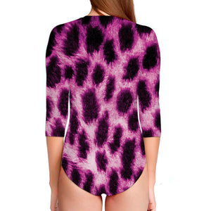 Hot Purple And Black Cheetah Print Long Sleeve Swimsuit