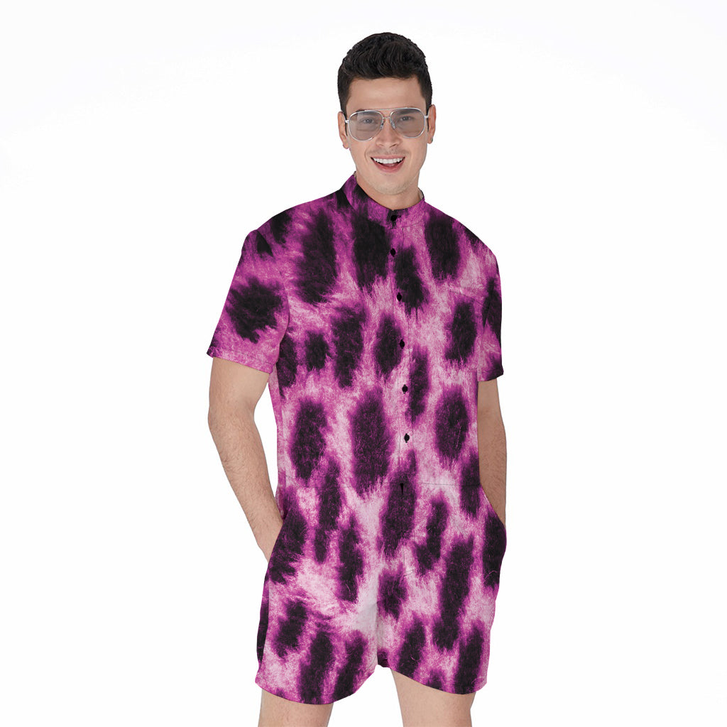 Hot Purple And Black Cheetah Print Men's Rompers