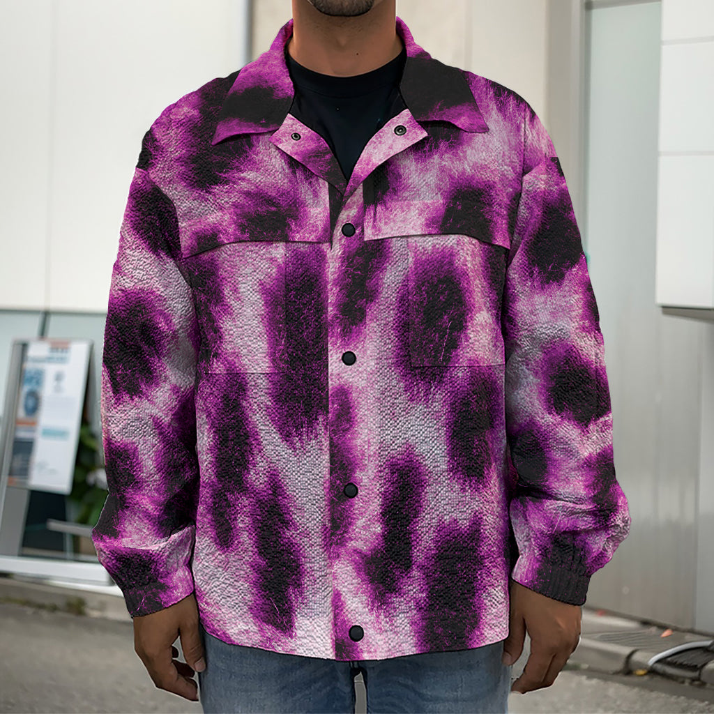 Hot Purple And Black Cheetah Print Men's Shirt Jacket