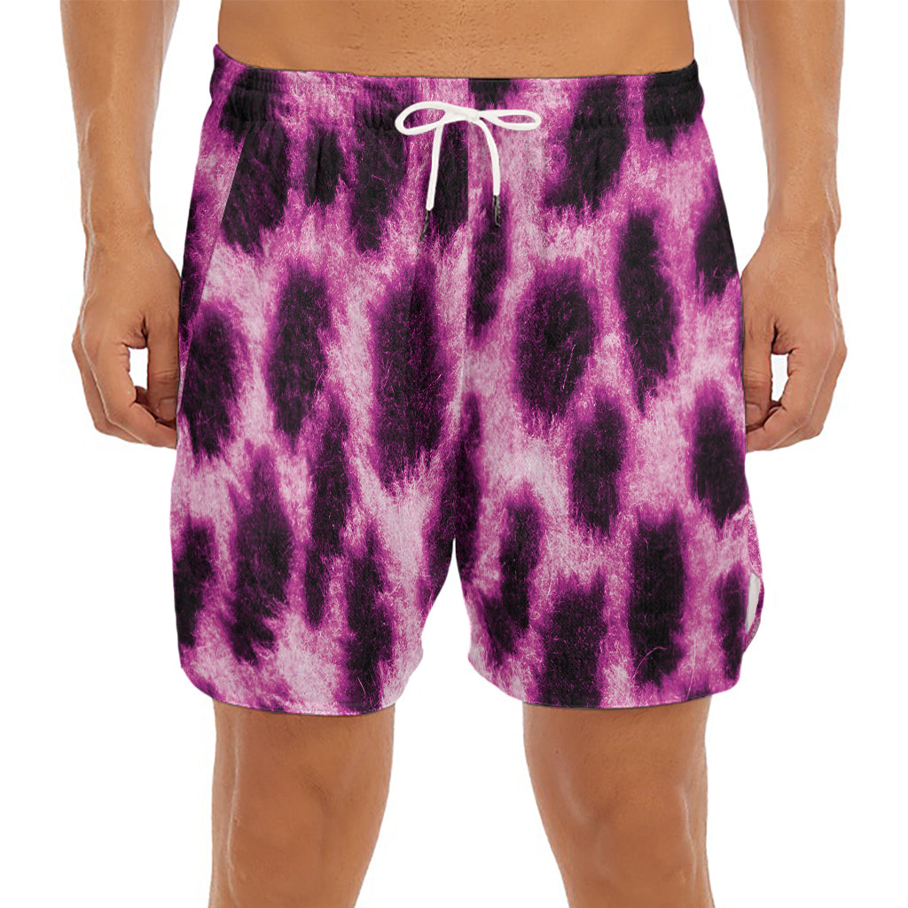 Hot Purple And Black Cheetah Print Men's Split Running Shorts