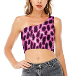 Hot Purple And Black Cheetah Print One Shoulder Crop Top