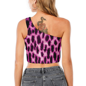 Hot Purple And Black Cheetah Print One Shoulder Crop Top