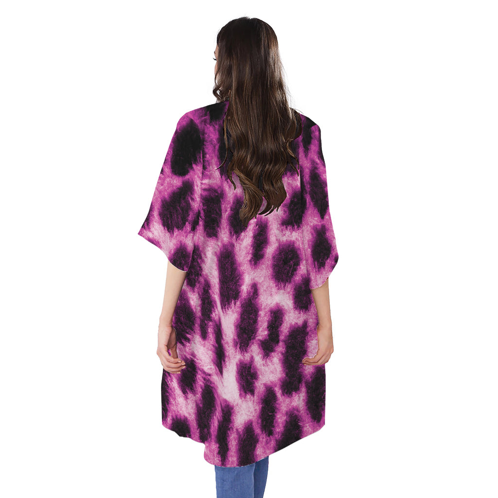 Hot Purple And Black Cheetah Print Open Front Beach Cover Up