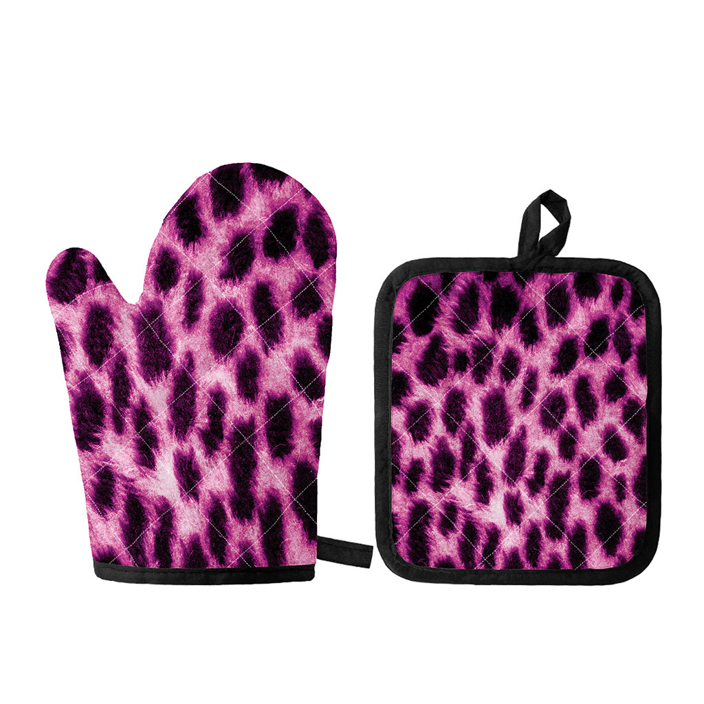 Hot Purple And Black Cheetah Print Oven Mitt And Pot Holder Set