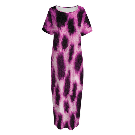 Hot Purple And Black Cheetah Print Short Sleeve Long Nightdress