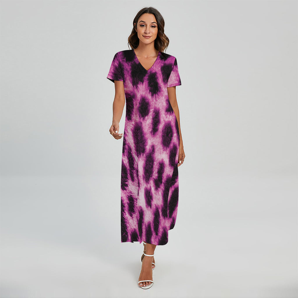 Hot Purple And Black Cheetah Print Short Sleeve Maxi Dress