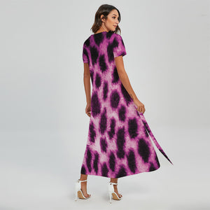 Hot Purple And Black Cheetah Print Short Sleeve Maxi Dress