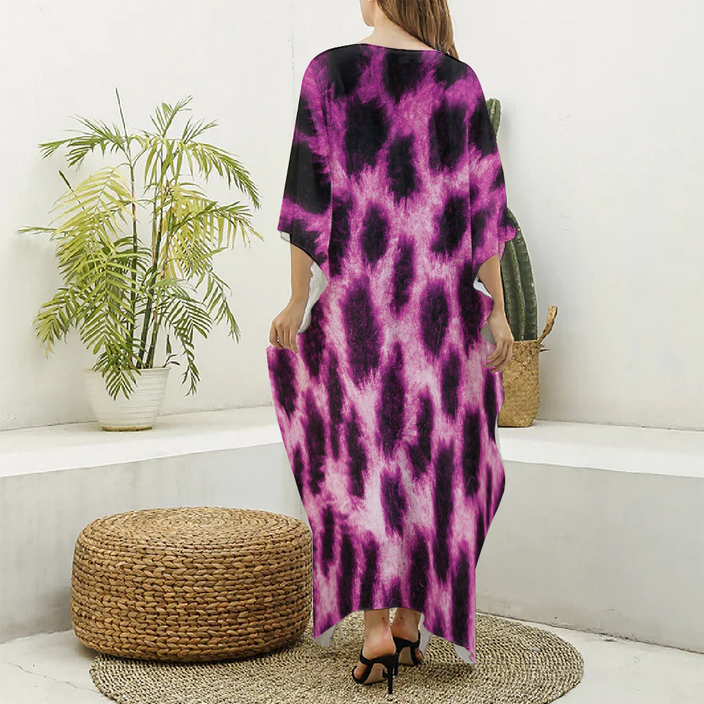 Hot Purple And Black Cheetah Print Silk V-Neck Kaftan Dress