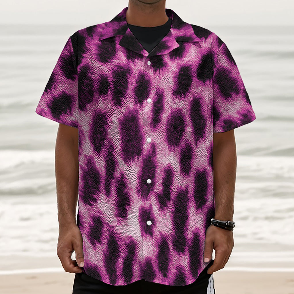 Hot Purple And Black Cheetah Print Textured Short Sleeve Shirt