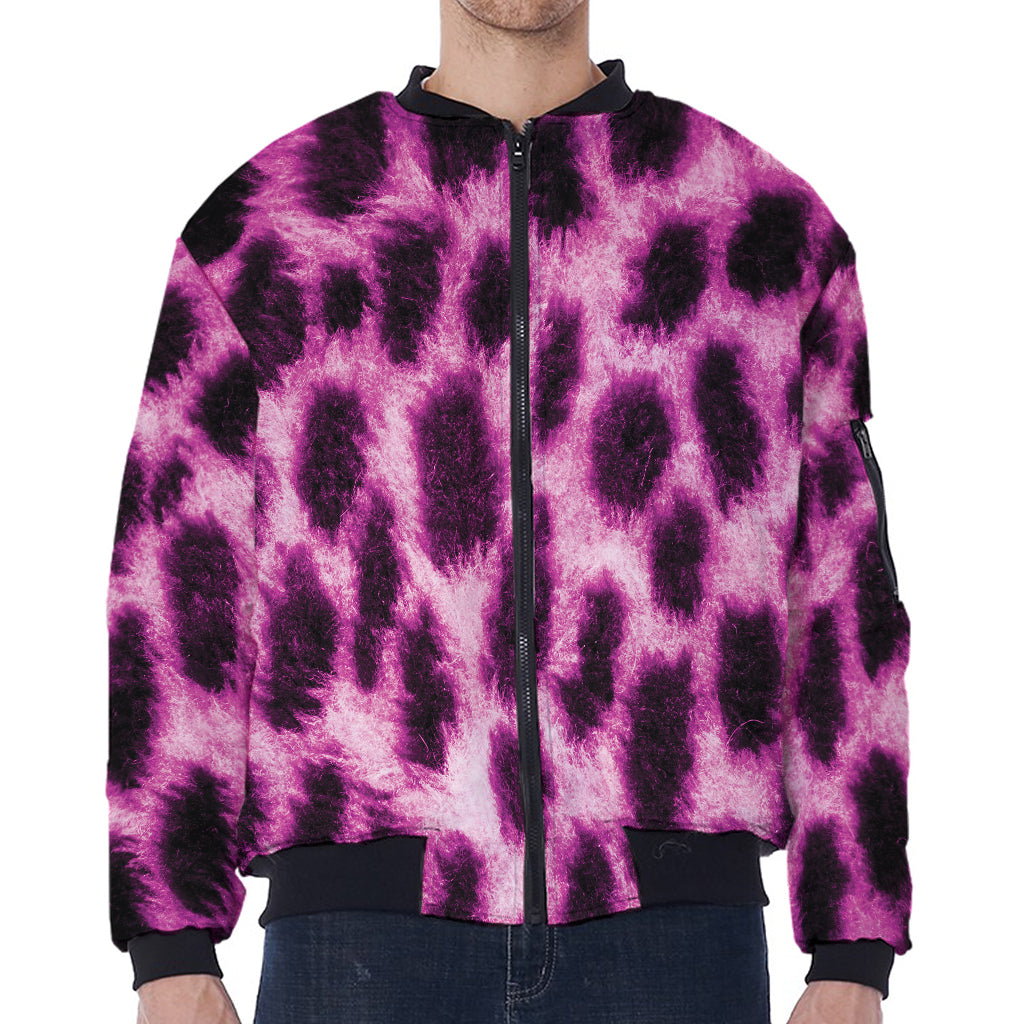 Hot Purple And Black Cheetah Print Zip Sleeve Bomber Jacket