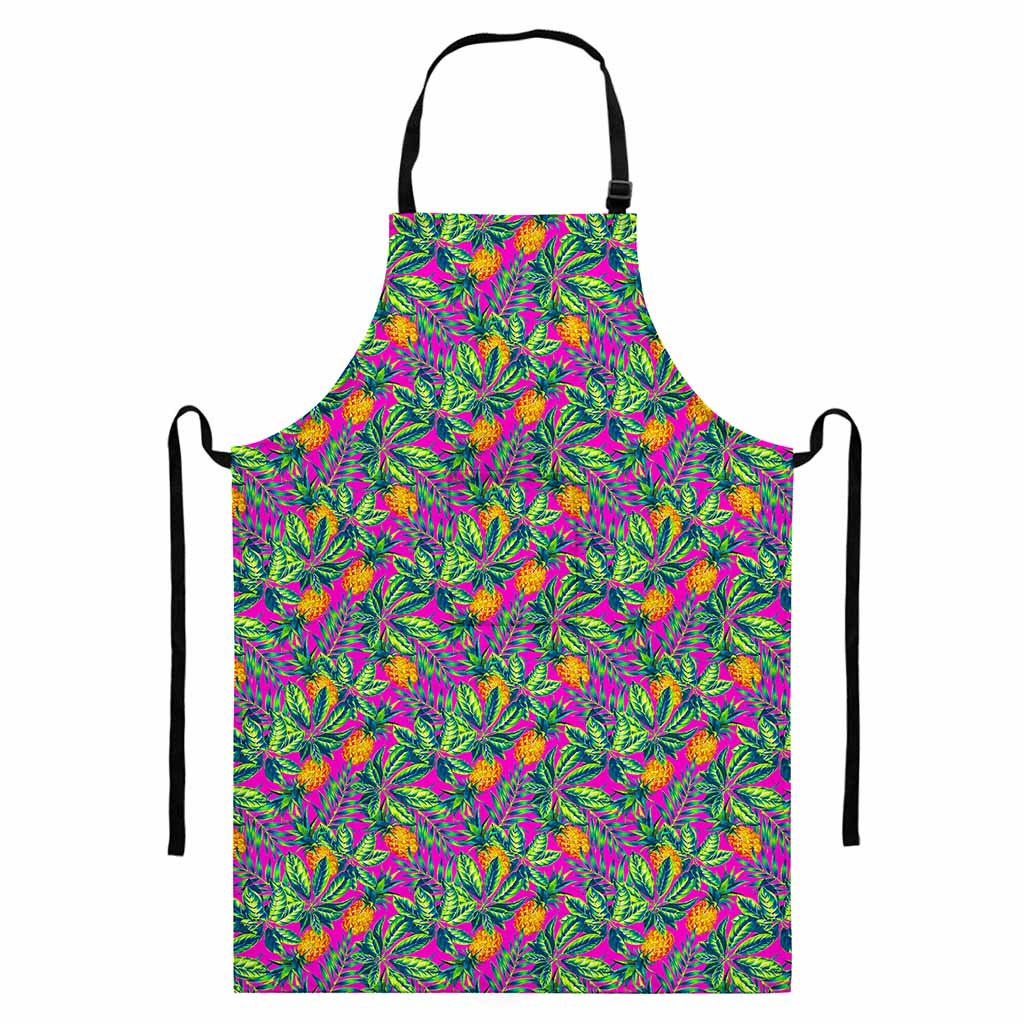Hot Purple Pineapple Pattern Print Bib Apron With Pocket