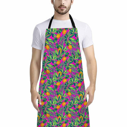 Hot Purple Pineapple Pattern Print Bib Apron With Pocket