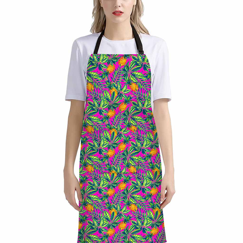Hot Purple Pineapple Pattern Print Bib Apron With Pocket