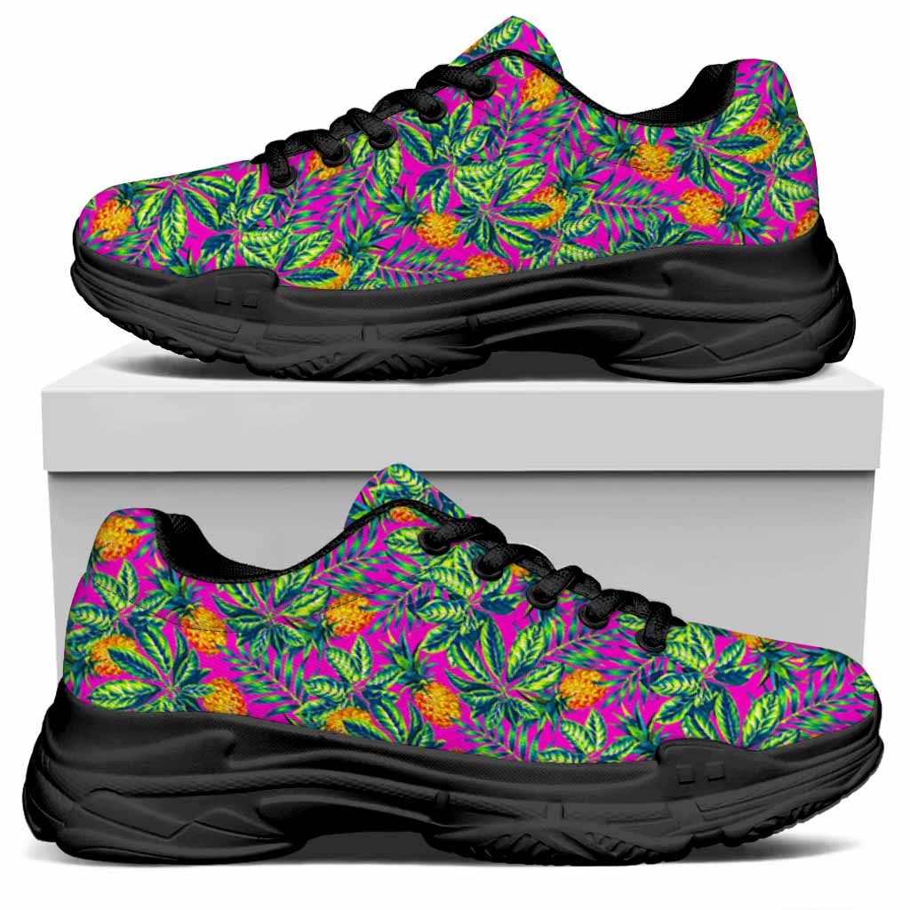 Hot Purple Pineapple Pattern Print Black Chunky Shoes