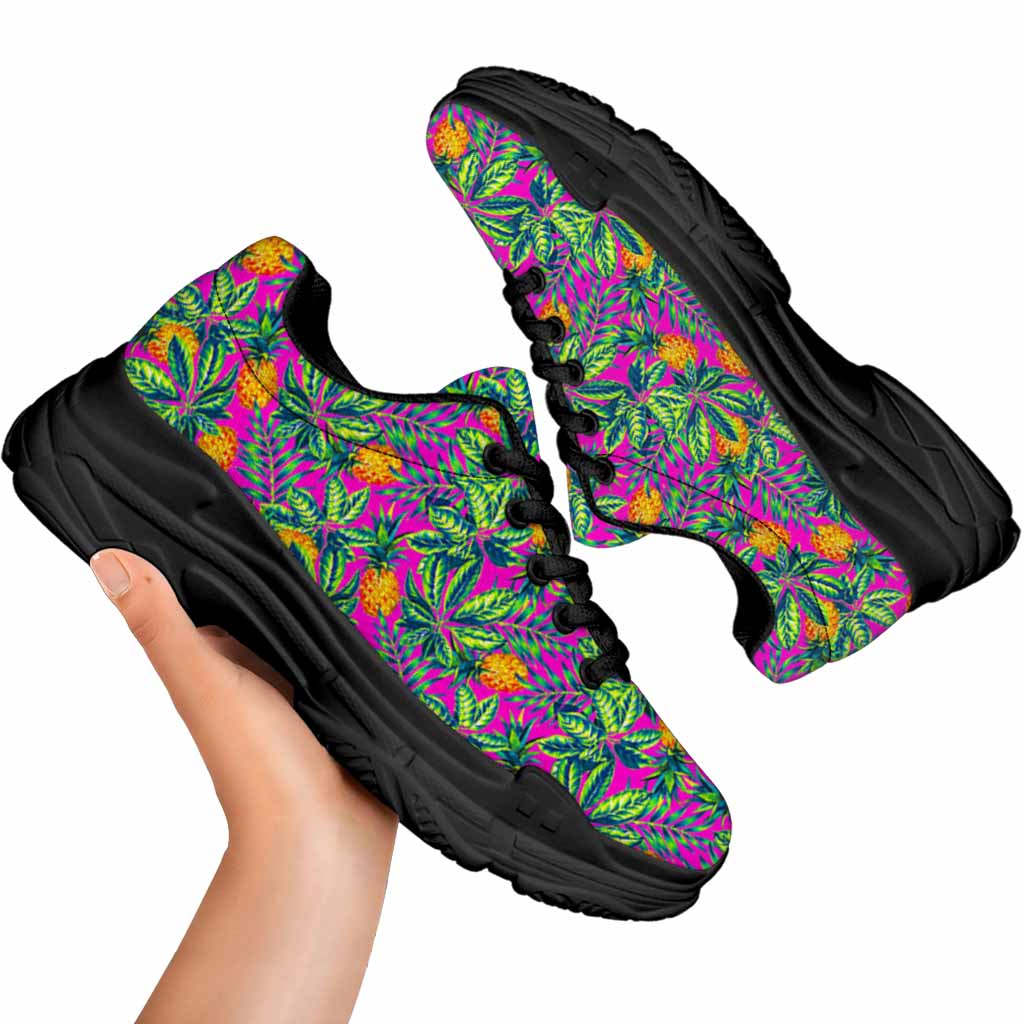 Hot Purple Pineapple Pattern Print Black Chunky Shoes