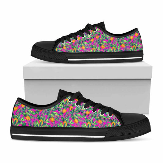 Hot Purple Pineapple Pattern Print Black Low Top Sneakers