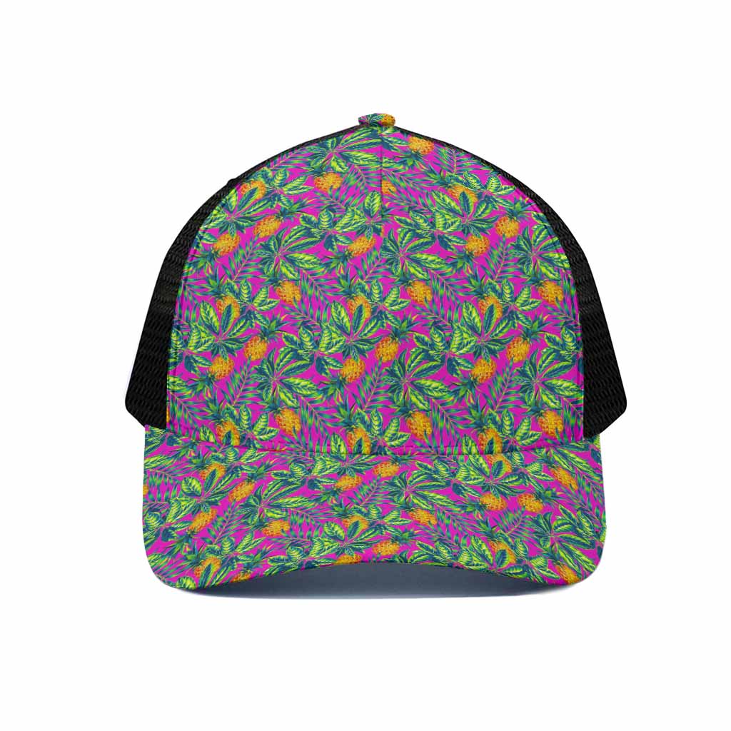Hot Purple Pineapple Pattern Print Black Mesh Trucker Cap