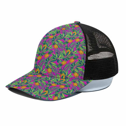 Hot Purple Pineapple Pattern Print Black Mesh Trucker Cap