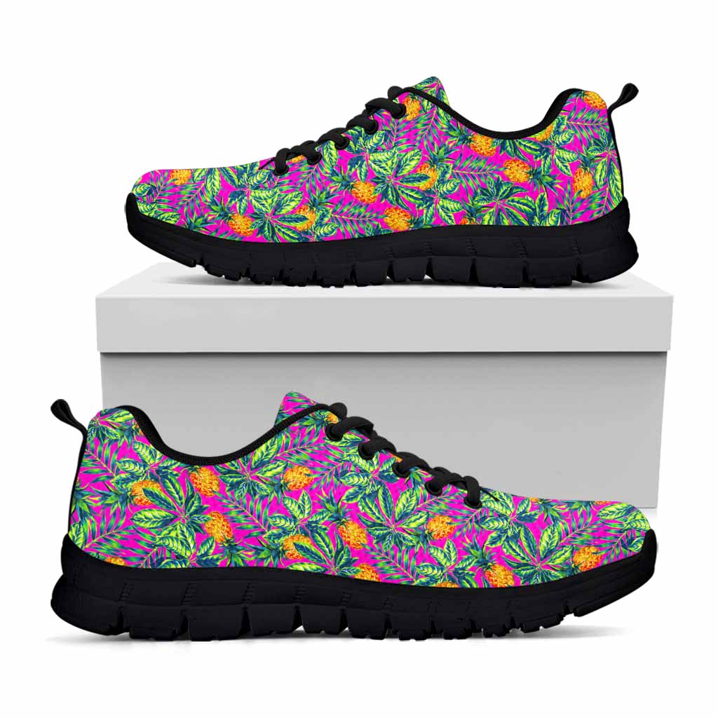 Hot Purple Pineapple Pattern Print Black Running Shoes