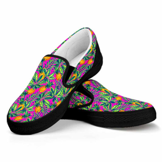 Hot Purple Pineapple Pattern Print Black Slip On Sneakers