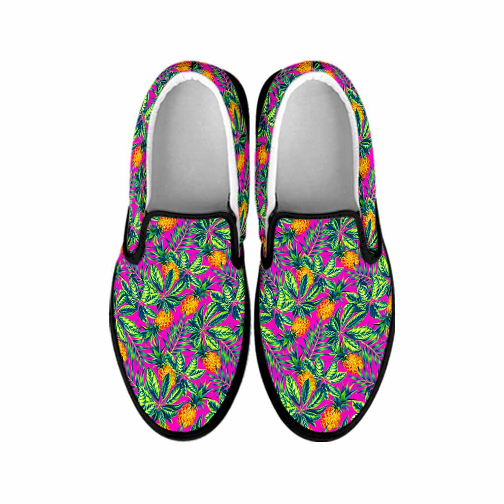 Hot Purple Pineapple Pattern Print Black Slip On Sneakers