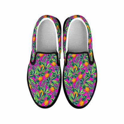 Hot Purple Pineapple Pattern Print Black Slip On Sneakers