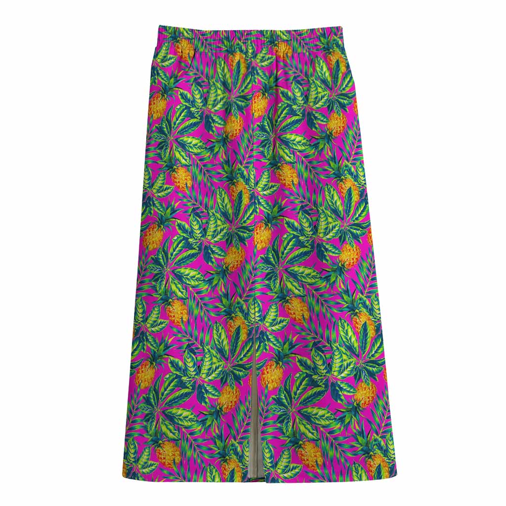 Hot Purple Pineapple Pattern Print Cotton Front Slit Maxi Skirt