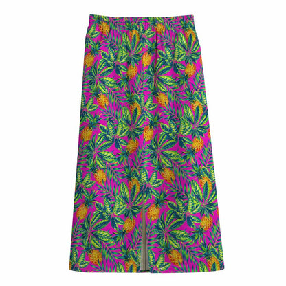 Hot Purple Pineapple Pattern Print Cotton Front Slit Maxi Skirt