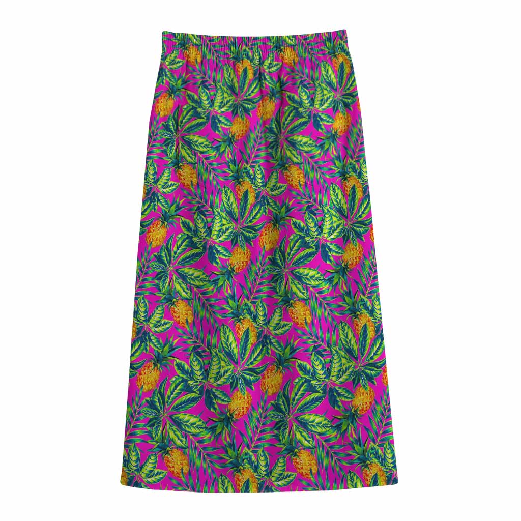 Hot Purple Pineapple Pattern Print Cotton Front Slit Maxi Skirt