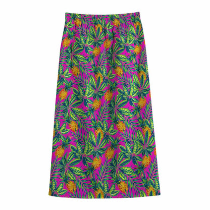 Hot Purple Pineapple Pattern Print Cotton Front Slit Maxi Skirt