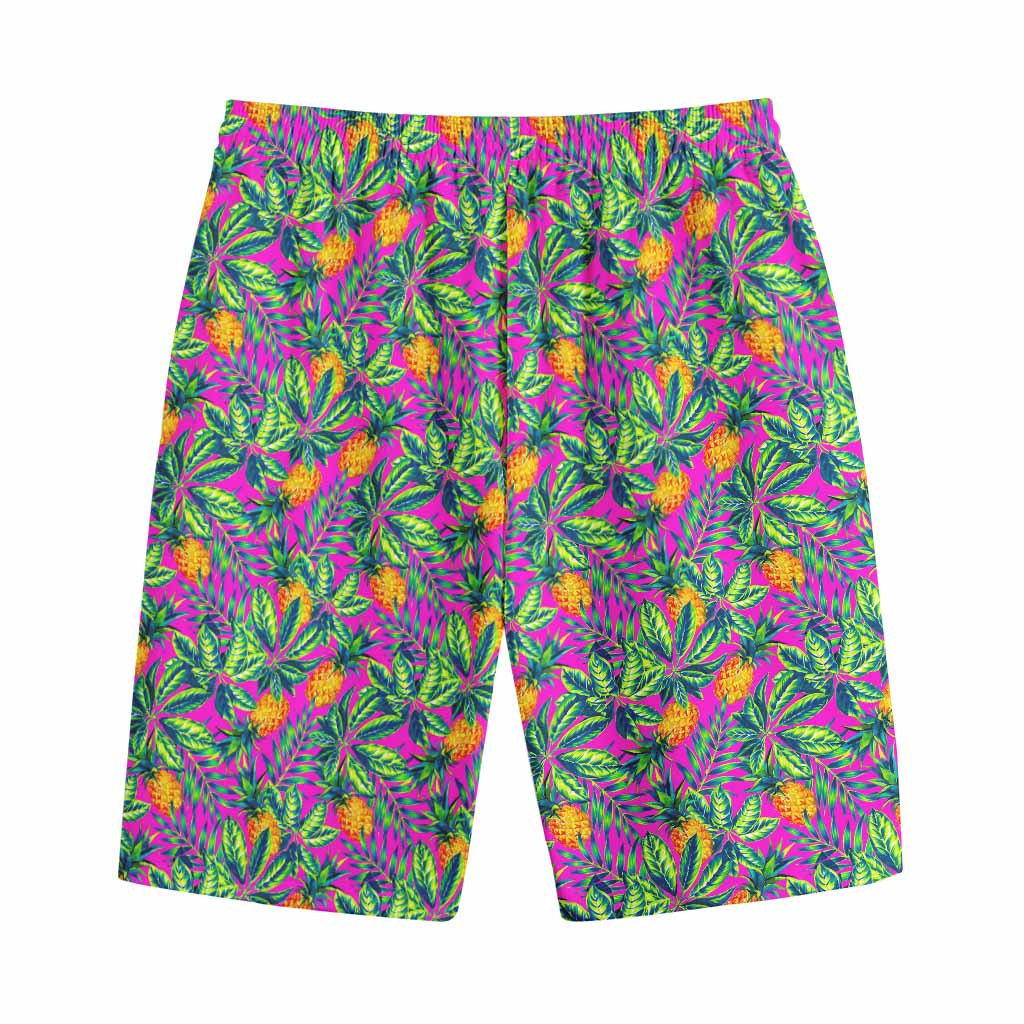 Hot Purple Pineapple Pattern Print Cotton Shorts