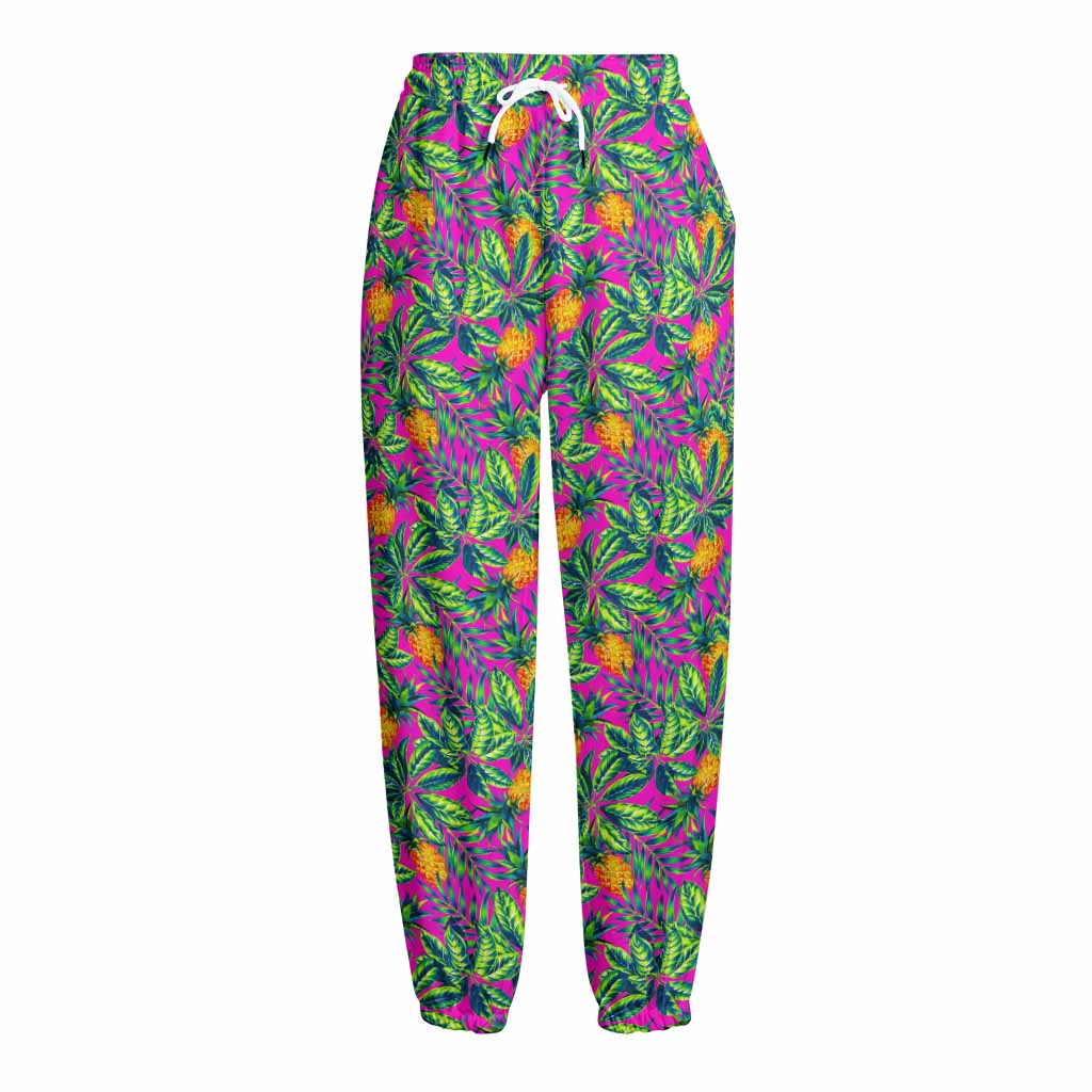 Hot Purple Pineapple Pattern Print Fleece Lined Knit Pants