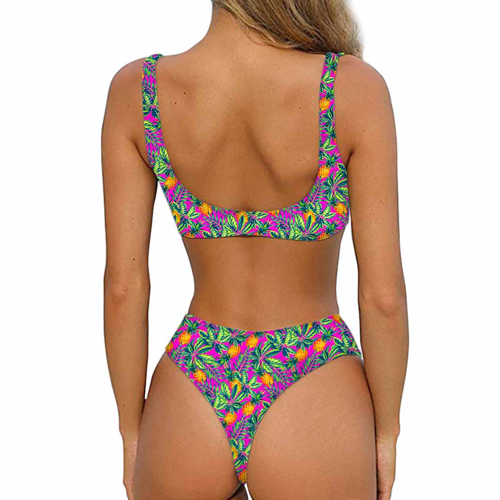 Hot Purple Pineapple Pattern Print Front Bow Tie Bikini